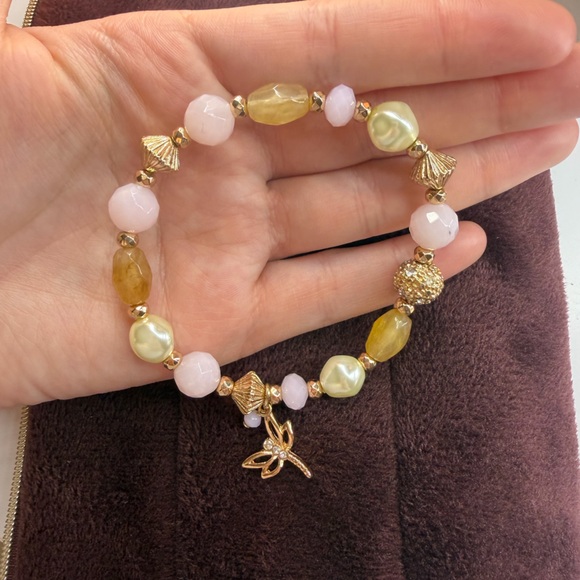 Dragonfly Gold and Pink Beaded Bracelet - Picture 2 of 4